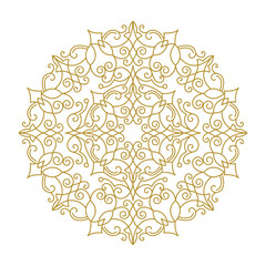 Ornate baroque element for design, floral decoration. Ornamental lace pattern for wedding invitations, greeting cards. Traditional golden decor on light background.