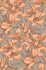 Vector modern seamless pattern with silhouettes and contour of Lily flowers drawn by hand in grey beige tones. Trendy home textile, wallpaper, fabric, bedding, package.