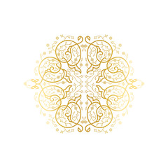 Ornate baroque element for design, floral decoration. Ornamental lace pattern for wedding invitations, greeting cards. Traditional golden decor on light background.