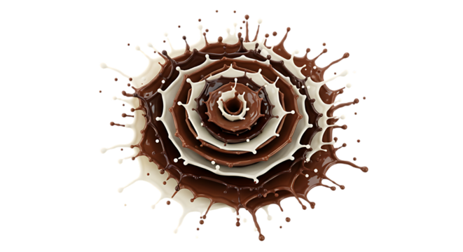 Chocolate and cream splash forming a circular pattern isolated on transparent background