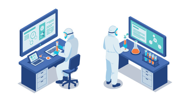 Scientists in protective gear analyzing data in lab with advanced technology