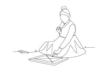 The girl who plays yutnori. Yutnori in korea concept one-line drawing