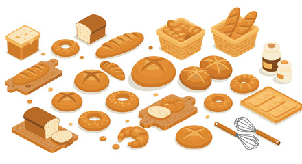 Bakery delights isometric art featuring bread, pastries, and baking tools in warm tones