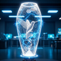 Fototapeta premium A futuristic holographic display showcasing a glowing hummingbird encased in a transparent energy field within a high-tech laboratory.
