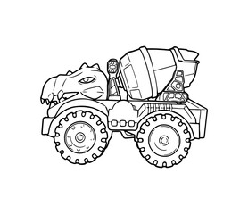 Child t rex dinosaur mixer truck hand drawing coloring. for t shirt graphic print design. illustration vector