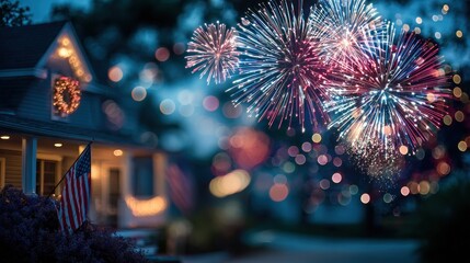 Colorful fireworks illuminate a suburban home decorated for a holiday celebration.