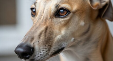 Sleek greyhound dog standing or running, showing slim body, elegant form, and smooth short coat.