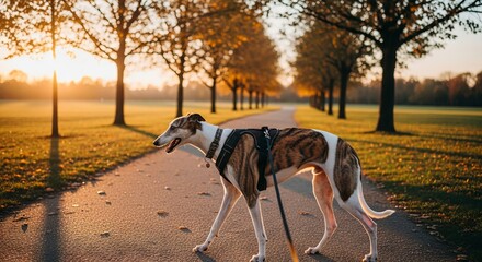 Sleek greyhound dog standing or running, showing slim body, elegant form, and smooth short coat.