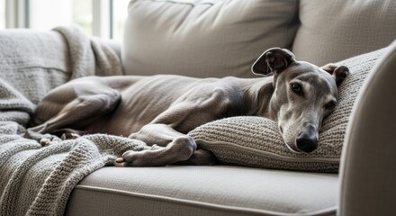 Sleek greyhound dog standing or running, showing slim body, elegant form, and smooth short coat.