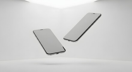 Two modern smartphones floating in a bright studio with spotlight illumination