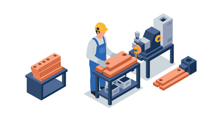 Worker operating industrial lathe machine in manufacturing workshop isometric illustration