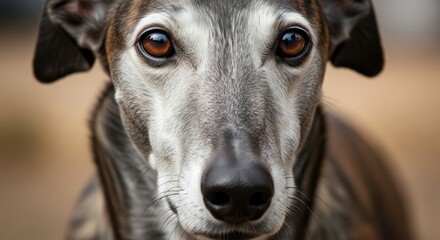 Sleek greyhound dog standing or running, showing slim body, elegant form, and smooth short coat.