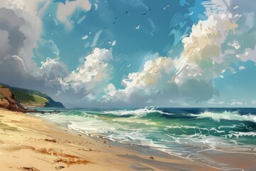 Scenic view of ocean waves crashing on a sandy beach under a cloudy sky with birds flying, creating a serene and picturesque coastal landscape
