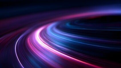 Abstract swirling light trails of vibrant pink and electric blue streaks against a deep dark background