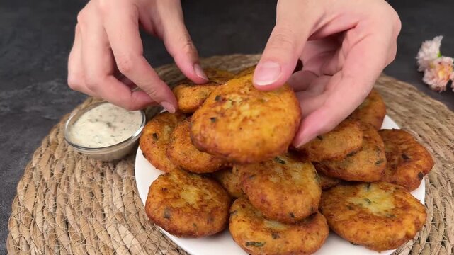 Closeup of hands breaking crispy golden potato patty showing soft inside texture