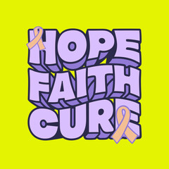 Hope Faith Cure text with peach awareness ribbons on yellow