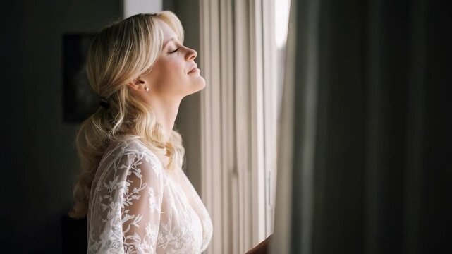 Pregnant woman in a sheer lace robe gazing out a window, bathed in soft light.