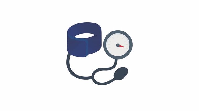 2D flat vector motion of blood pressure monitor with cuff and gauge, alpha channel, transparent background.
