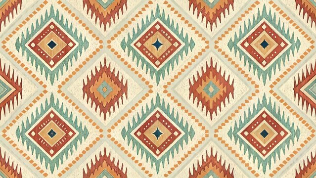Seamless geometric repeating pattern featuring stylized diamond shapes in terracotta, sage green, and cream/orange, inspired by Native American textiles. Ideal for fashion, craft, home decor