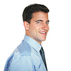 Portrait, businessman or smile in studio for career growth, opportunity or professional development. Space, positive attitude or happy financial advisor on white background, pride or corporate goals