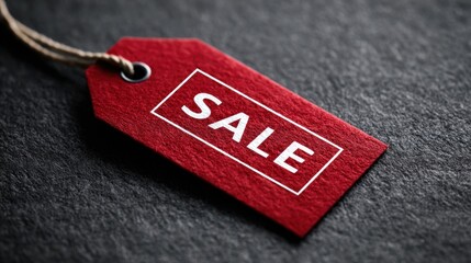 A red sale tag hangs from a string on a textured dark surface.