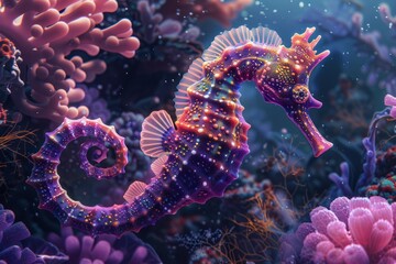 Colorful seahorse navigates a vibrant coral reef, showcasing its intricate details and the beauty of underwater life