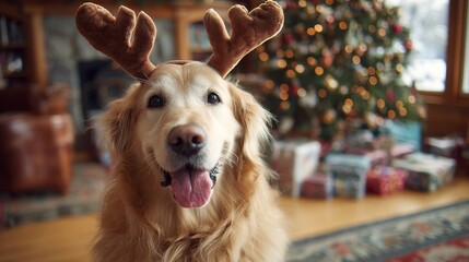 Golden retriever dog wearing reindeer antlers, sitting happily at home, celebrating the christmas season with a blurred decorated tree and presents visible
