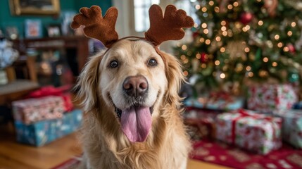 Golden retriever wearing festive reindeer antlers, smiling with tongue out, sitting in a home with a decorated christmas tree and wrapped presents, celebrating holiday cheer