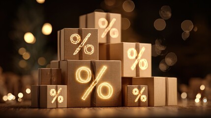 A pyramid of gift boxes with glowing percentage signs indicates a sale event.