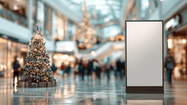 A brightly decorated Christmas tree stands in a bustling shopping mall with a blank advertising display.