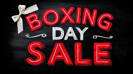 Boxing Day sale text with festive ribbon on dark background