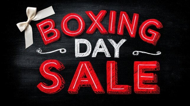 Boxing Day sale text with festive ribbon on dark background