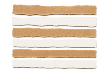 Torn paper strips in brown and white, having rough edges and displaying a textured surface. Transparent background