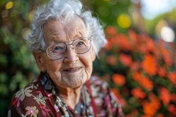 Portrait of a happy senior woman with glasses smiling in a vibrant garden, enjoying her retirement