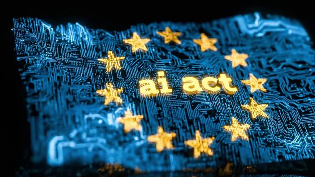 Blue EU-style fabric with yellow stars circling bold 'ai act' text, glowing digital motif on image.
