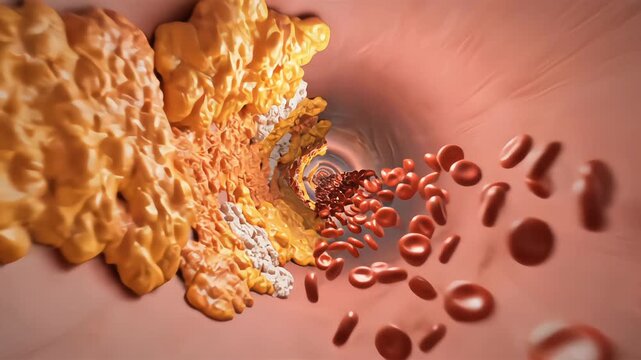 Detailed arterial plaque accumulation with cholesterol layers constricting the vessel lumen in a scientific medical visualization
