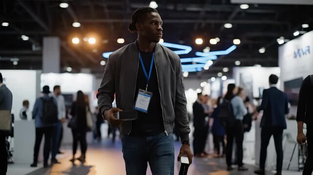 Man walking through trade show. He moves through crowd on conference floor with badge and lanyard. Attendee passes by booth and expo stand exhibit. Businessman holds phone while walking among crowd.