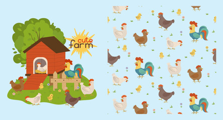 Charming vector illustration featuring a chicken coop with playful farm animals, showcasing hens, chicks, and a rooster. Ideal for children s designs and educational materials.