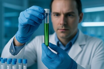 Scientist examining green chemical solution in test tube during laboratory research experiment wearing gloves and lab coat in clinical lab setting. Ai generative