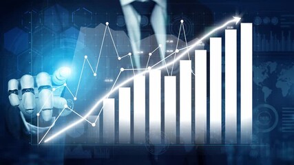 A professional business person illustrates growth with a digital graph on a touchscreen, symbolizing success, investment, and data-driven planning in finance. Copula - Powered by Adobe