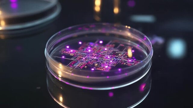 Glass petri dish containing a tiny illuminated circuit board glowing with purple LEDs.