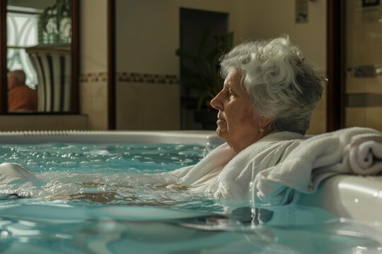Elderly woman enjoying a relaxing soak in a hot tub at a spa, promoting wellness and leisure in later life