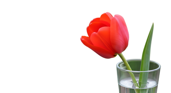 Single red tulip in a glass vase isolated on transparent background