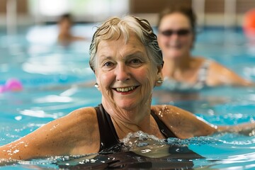 Happy senior woman enjoying her water aerobics class in the swimming pool
