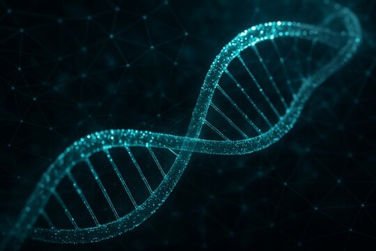 Glowing digital DNA double helix structure with particles and lines on dark background representing futuristic science and genetic research concept. Ai generative