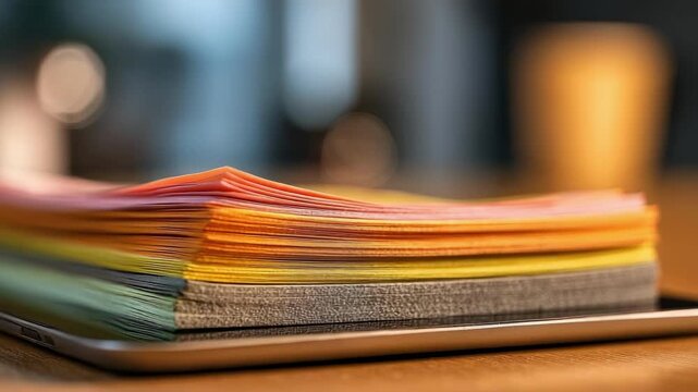 A rainbow stack of colored paper or index cards resting on a closed laptop on a wooden desk.