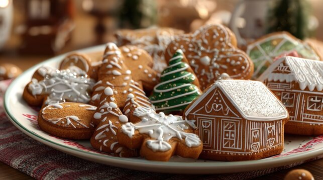 A festive plate of assorted gingerbread cookies decorated for Christmas is ready to be enjoyed. - Powered by Adobe