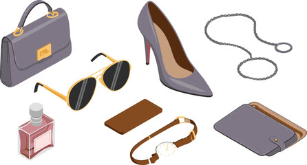 Isometric illustration of luxury fashion accessories including handbag, high heel shoe, sunglasses, perfume, watch, wallet, necklace, stylish elegant items