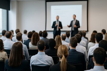 Obraz premium Audience listening to business professionals giving educational presentation in modern conference room during seminar or training session indoors. Ai generative