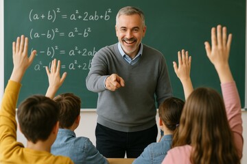 Happy teacher engaging with students raising hands during a math lesson with algebra equations on green chalkboard in classroom setting. Ai generative